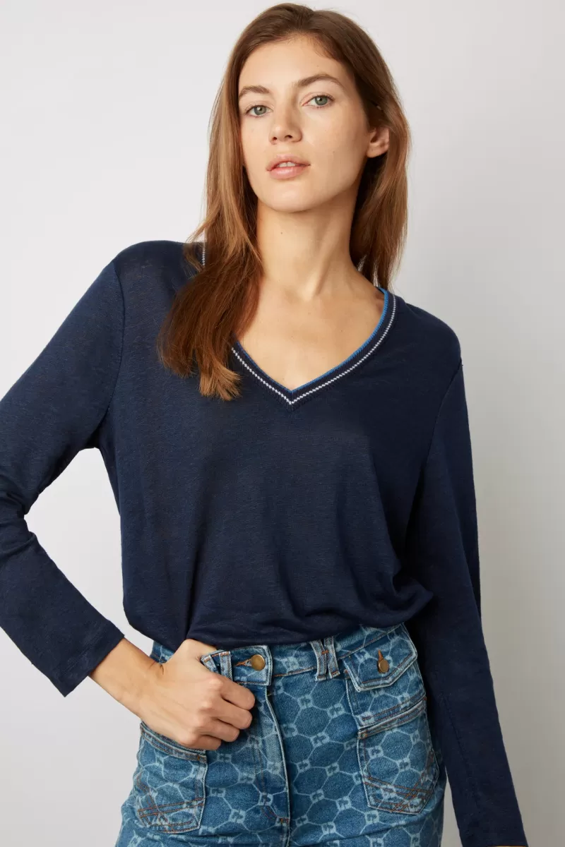 Fancy linen V-neck T-shirt - ADDIE | Gerard Darel Discount