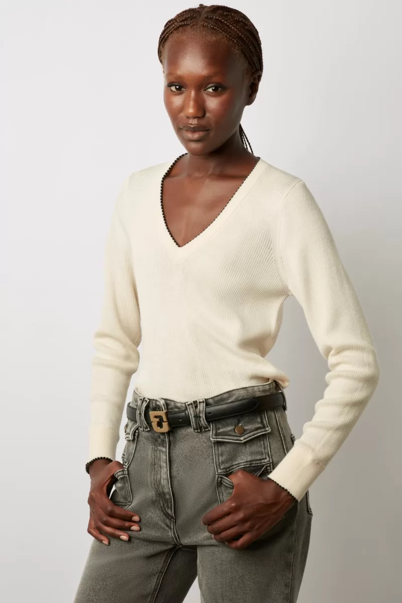 V-neck wool sweater with contrasting stitch - LAUBNA | Gerard Darel New